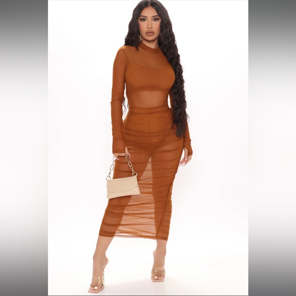 Fashion Nova Sheer Midi Dress-Brown